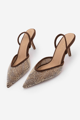 Kadın Stiletto Boncuklu İşlemeli Fileli Klasik Topuklu Ayakkabı Morose - Kahve Süet