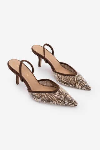 Kadın Stiletto Boncuklu İşlemeli Fileli Klasik Topuklu Ayakkabı Morose - Kahve Süet