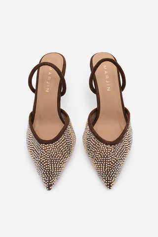 Kadın Stiletto Boncuklu İşlemeli Fileli Klasik Topuklu Ayakkabı Morose - Kahve Süet