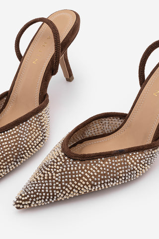 Kadın Stiletto Boncuklu İşlemeli Fileli Klasik Topuklu Ayakkabı Morose - Kahve Süet