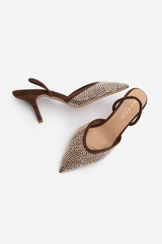 Kadın Stiletto Boncuklu İşlemeli Fileli Klasik Topuklu Ayakkabı Morose - Kahve Süet