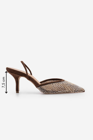 Kadın Stiletto Boncuklu İşlemeli Fileli Klasik Topuklu Ayakkabı Morose - Kahve Süet