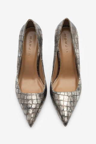 Kadın Stiletto Croco Topuklu Ayakkabı Davin - Platin Croco