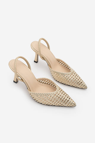 Kadın Stiletto Sivri Burun El Örgüsü Lastikli Klasik Topuklu Ayakkabı Arfes - Altın