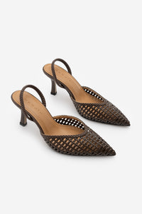 Kadın Stiletto Sivri Burun El Örgüsü Lastikli Klasik Topuklu Ayakkabı Arfes - Kahve