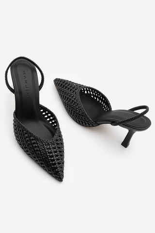 Kadın Stiletto Sivri Burun El Örgüsü Lastikli Klasik Topuklu Ayakkabı Arfes - Siyah