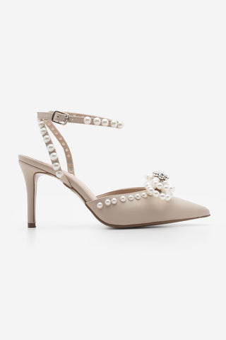 Kadın Stiletto İncili Taşlı Topuklu Ayakkabı Robis - Bej