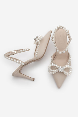 Kadın Stiletto İncili Taşlı Topuklu Ayakkabı Robis - Bej