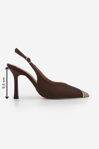 Kadın Stiletto Sivri Burun Altın Metal Tokalı Klasik Topuklu Ayakkabı Karima - Kahve Saten