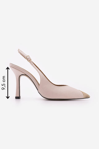Kadın Stiletto Sivri Burun Altın Metal Tokalı Klasik Topuklu Ayakkabı Karima - Pudra Saten