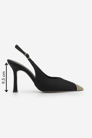 Kadın Stiletto Sivri Burun Altın Metal Tokalı Klasik Topuklu Ayakkabı Karima - Siyah Saten