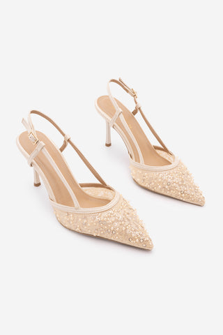 Kadın Stiletto Pullu Boncuklu Fileli Klasik Topuklu Ayakkabı Daruka - Bej Saten
