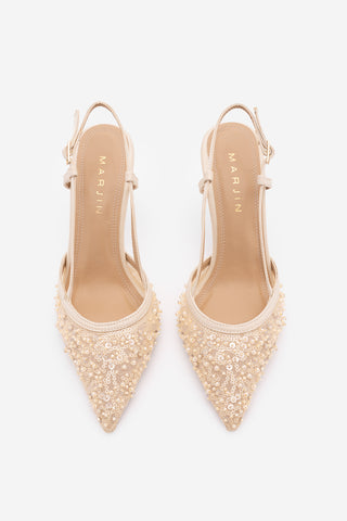 Kadın Stiletto Pullu Boncuklu Fileli Klasik Topuklu Ayakkabı Daruka - Bej Saten