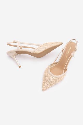 Kadın Stiletto Pullu Boncuklu Fileli Klasik Topuklu Ayakkabı Daruka - Bej Saten