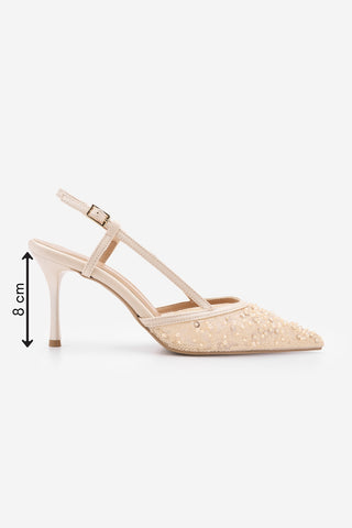 Kadın Stiletto Pullu Boncuklu Fileli Klasik Topuklu Ayakkabı Daruka - Bej Saten