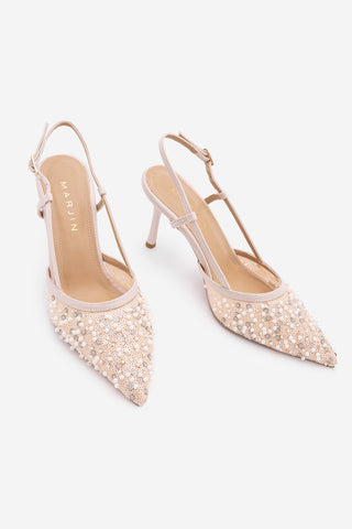 Kadın Stiletto Pullu Boncuklu Fileli Klasik Topuklu Ayakkabı Daruka - Pudra Saten