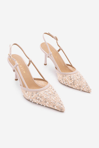 Kadın Stiletto Pullu Boncuklu Fileli Klasik Topuklu Ayakkabı Daruka - Pudra Saten