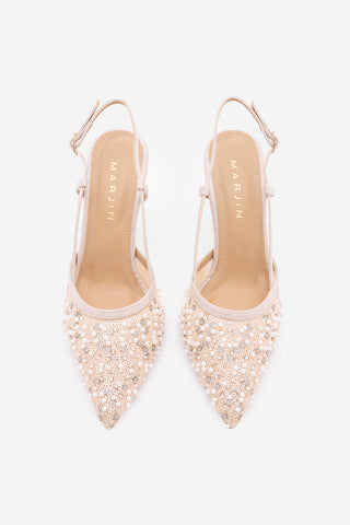 Kadın Stiletto Pullu Boncuklu Fileli Klasik Topuklu Ayakkabı Daruka - Pudra Saten