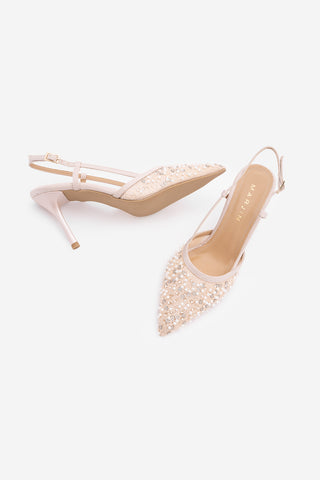 Kadın Stiletto Pullu Boncuklu Fileli Klasik Topuklu Ayakkabı Daruka - Pudra Saten