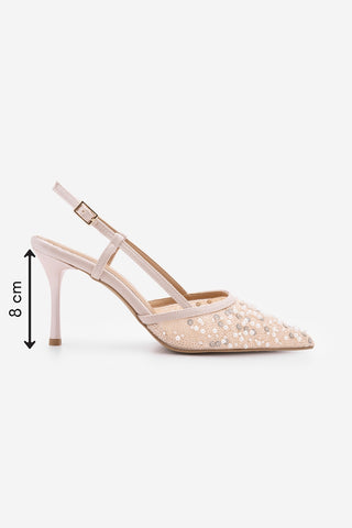 Kadın Stiletto Pullu Boncuklu Fileli Klasik Topuklu Ayakkabı Daruka - Pudra Saten