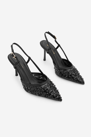 Kadın Stiletto Pullu Boncuklu Fileli Klasik Topuklu Ayakkabı Daruka - Siyah Saten