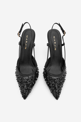 Kadın Stiletto Pullu Boncuklu Fileli Klasik Topuklu Ayakkabı Daruka - Siyah Saten