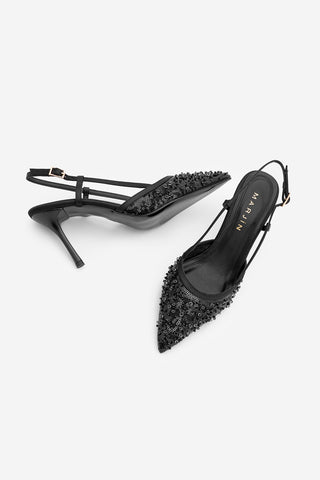 Kadın Stiletto Pullu Boncuklu Fileli Klasik Topuklu Ayakkabı Daruka - Siyah Saten