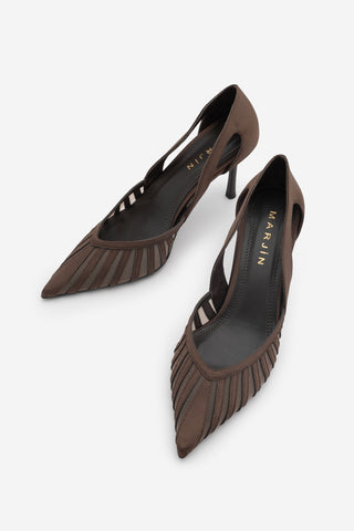 Kadın Stiletto Sivri Burun Fileli Klasik Topuklu Ayakkabı Koriva - Kahve Saten