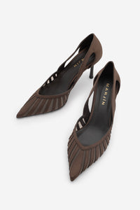 Kadın Stiletto Sivri Burun Fileli Klasik Topuklu Ayakkabı Koriva - Kahve Saten