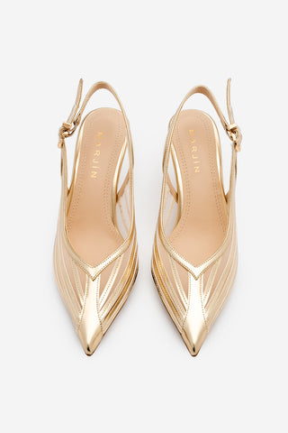 Kadın Stiletto Şeritli Fileli Topuklu Ayakkabı Vimola - Altın