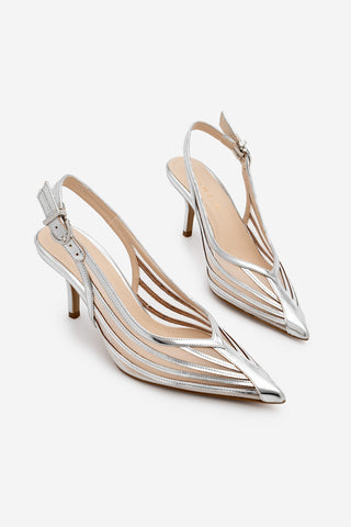 Kadın Stiletto Şeritli Fileli Topuklu Ayakkabı Vimola - Gümüş
