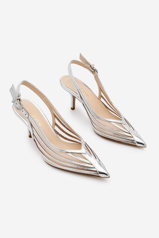 Kadın Stiletto Şeritli Fileli Topuklu Ayakkabı Vimola - Gümüş