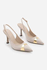 Kadın Stiletto Taşlı İnce Topuklu Ayakkabı Belove - Bej Saten