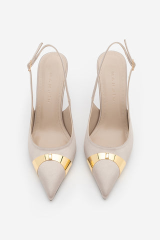 Kadın Stiletto Taşlı İnce Topuklu Ayakkabı Belove - Bej Saten