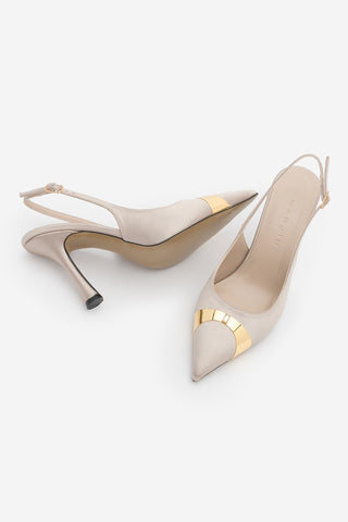 Kadın Stiletto Taşlı İnce Topuklu Ayakkabı Belove - Bej Saten