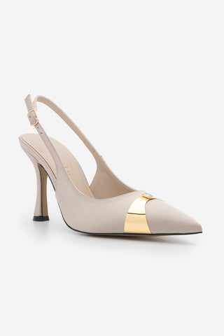 Kadın Stiletto Taşlı İnce Topuklu Ayakkabı Belove - Bej Saten