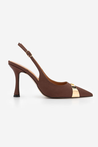 Kadın Stiletto Taşlı İnce Topuklu Ayakkabı Belove - Kahve Saten