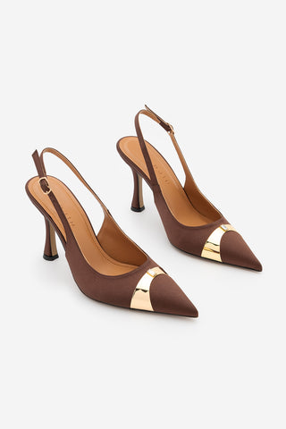 Kadın Stiletto Taşlı İnce Topuklu Ayakkabı Belove - Kahve Saten