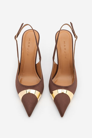 Kadın Stiletto Taşlı İnce Topuklu Ayakkabı Belove - Kahve Saten