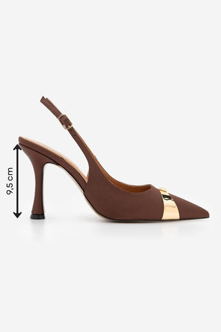Kadın Stiletto Taşlı İnce Topuklu Ayakkabı Belove - Kahve Saten