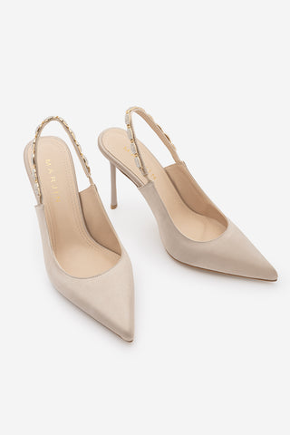 Kadın Stiletto Taşlı İnce Klasik Topuklu Ayakkabı Raven - Bej Saten