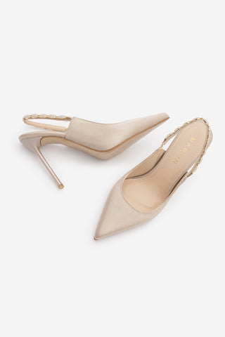 Kadın Stiletto Taşlı İnce Klasik Topuklu Ayakkabı Raven - Bej Saten