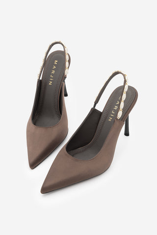 Kadın Stiletto Taşlı İnce Klasik Topuklu Ayakkabı Raven - Kahve Saten