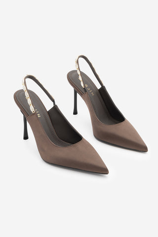 Kadın Stiletto Taşlı İnce Klasik Topuklu Ayakkabı Raven - Kahve Saten