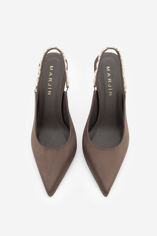 Kadın Stiletto Taşlı İnce Klasik Topuklu Ayakkabı Raven - Kahve Saten