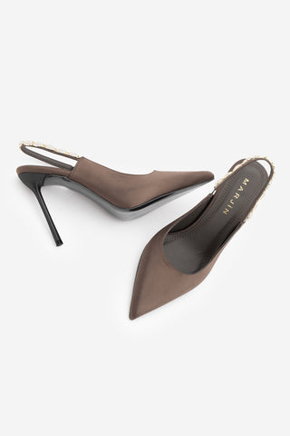 Kadın Stiletto Taşlı İnce Klasik Topuklu Ayakkabı Raven - Kahve Saten