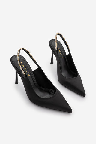 Kadın Stiletto Taşlı İnce Klasik Topuklu Ayakkabı Raven - Siyah Saten