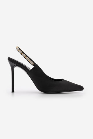 Kadın Stiletto Taşlı İnce Klasik Topuklu Ayakkabı Raven - Siyah Saten