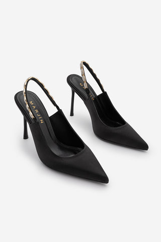 Kadın Stiletto Taşlı İnce Klasik Topuklu Ayakkabı Raven - Siyah Saten