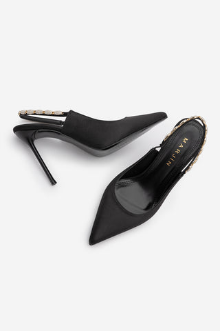 Kadın Stiletto Taşlı İnce Klasik Topuklu Ayakkabı Raven - Siyah Saten